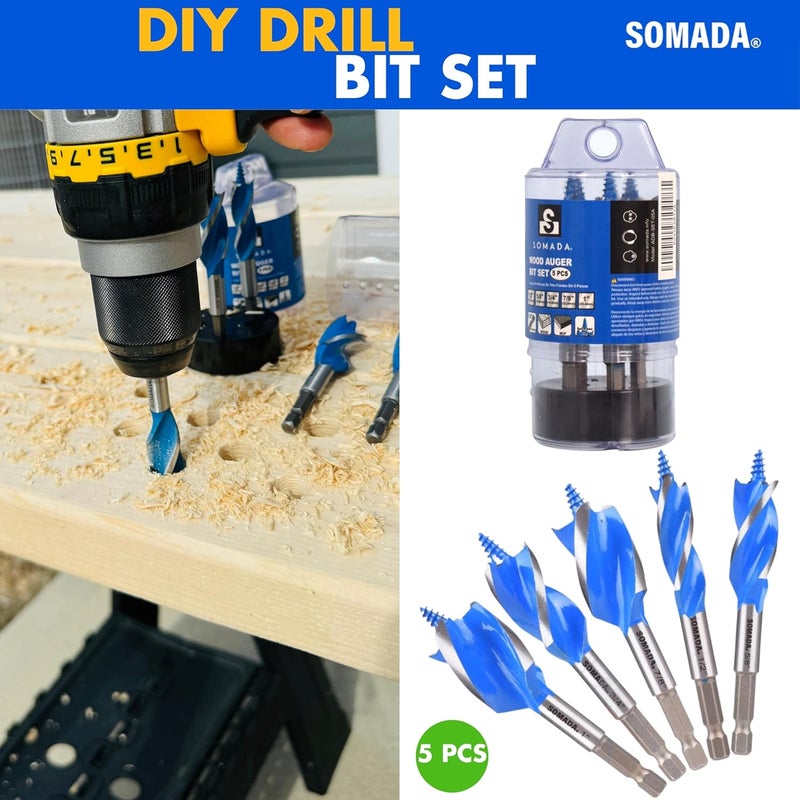 SOMADA Auger Drill Bit Set for Wood, 5-Piece, 1/2", 5/8", 3/4", 7/8" and 1" Inch Size, 4-Inch Long with Storage Case, Impact Wood Auger Set with Quick Change - Image 2